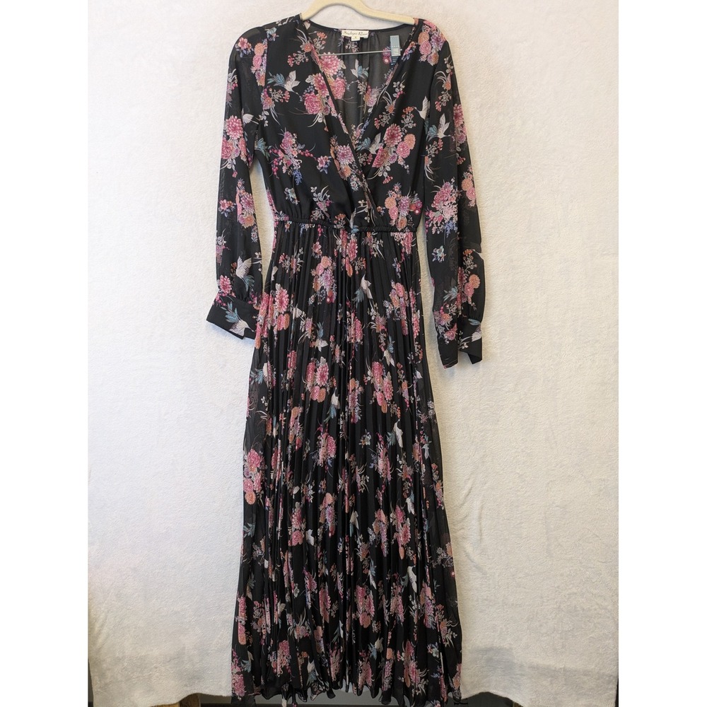 Indigo Rose Women's Size S Black Floral Pleated Maxi Dress Long Sleeve